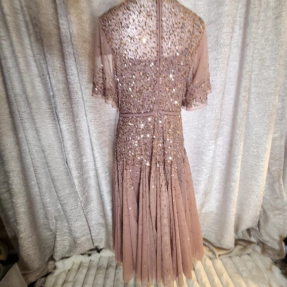 Mac‎ Duggal 93655 Rosewood Cape Sleeve Beaded Tea Length A-Line Midi Dress Sz 10 - Picture 7 of 11